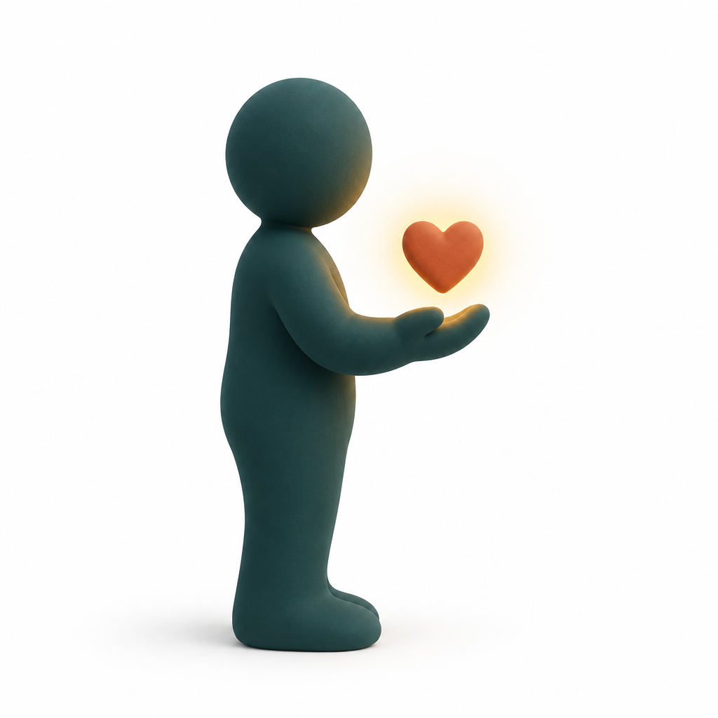 Una figura che tende la mano con un piccolo cuore luminoso sul palmo.