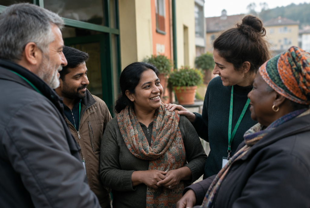 Persone della comunità e volontari che si incontrano davanti alla sede.